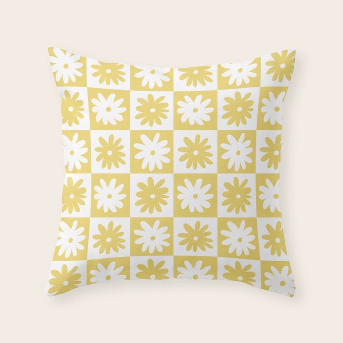 Yellow And White Checkered Flower Pattern Throw Pillow Gallery Image 6
