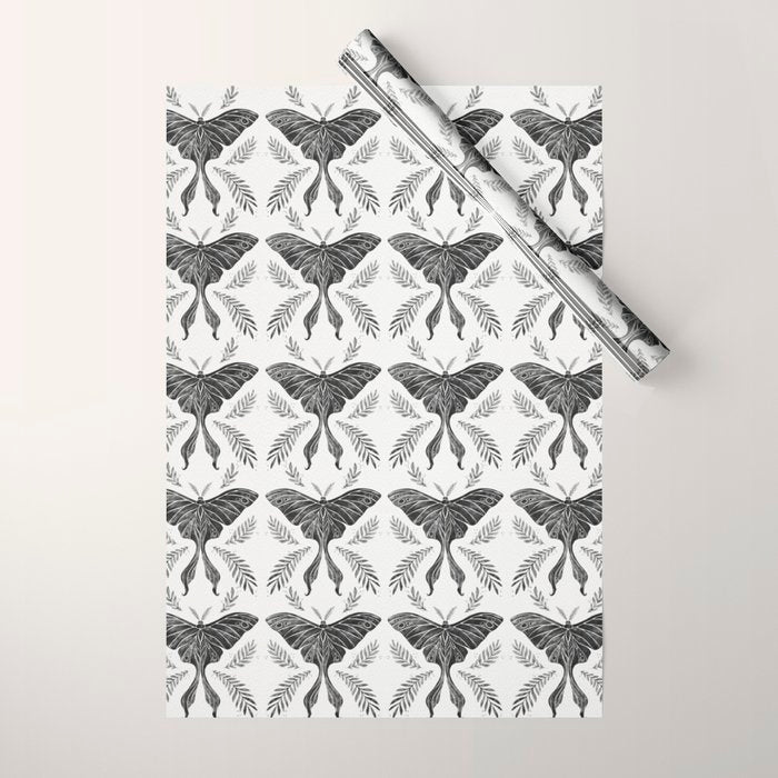 Watercolor Luna Moth in Black and White Wrapping Paper Gallery Image 1
