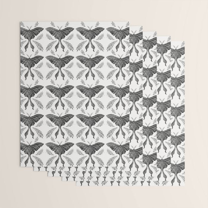 Watercolor Luna Moth in Black and White Wrapping Paper Gallery Image 3