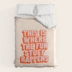 This is Where the Fun Stuff Happens typography print in peach and red Duvet Cover Gallery Image 6