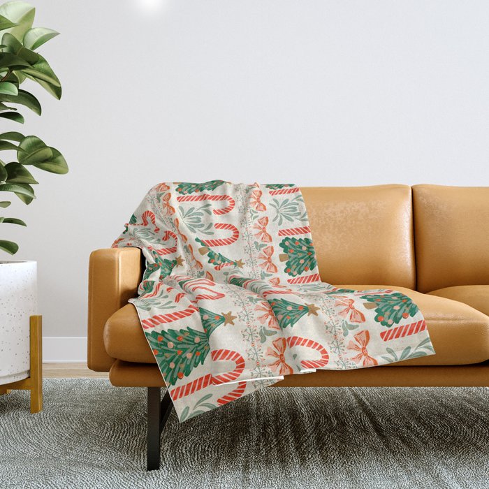 Festive Christmas Elements  Candy Cane  Tree and Bows Holiday Design Throw Blanket Gallery Image 1