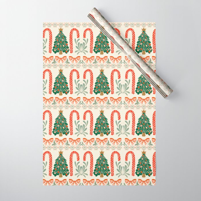 Festive Christmas Elements  Candy Cane  Tree and Bows Holiday Design Wrapping Paper Gallery Image 1
