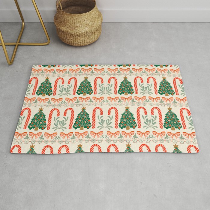 Festive Christmas Elements  Candy Cane  Tree and Bows Holiday Design Rug Gallery Image 1