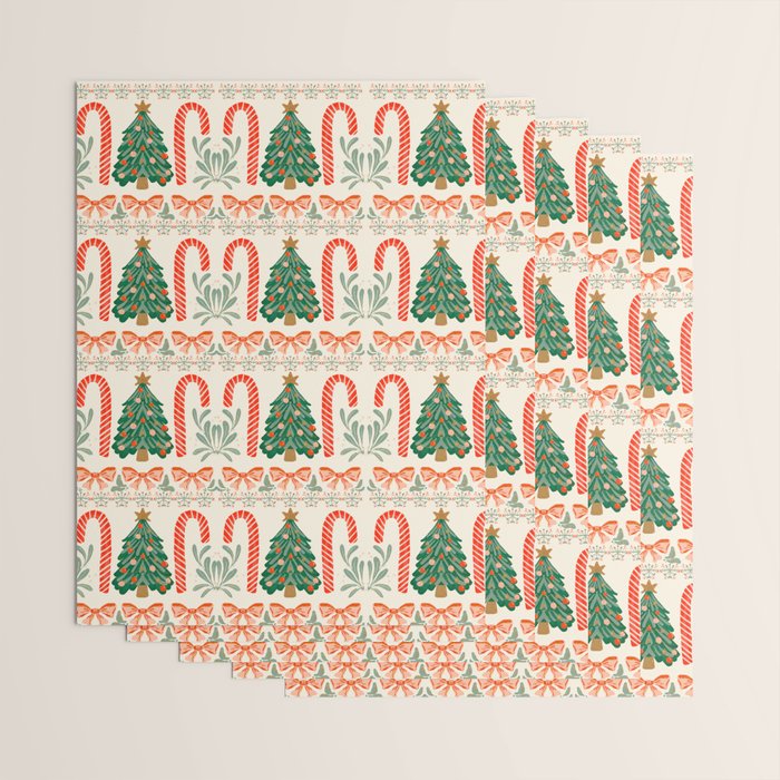 Festive Christmas Elements  Candy Cane  Tree and Bows Holiday Design Wrapping Paper Gallery Image 3