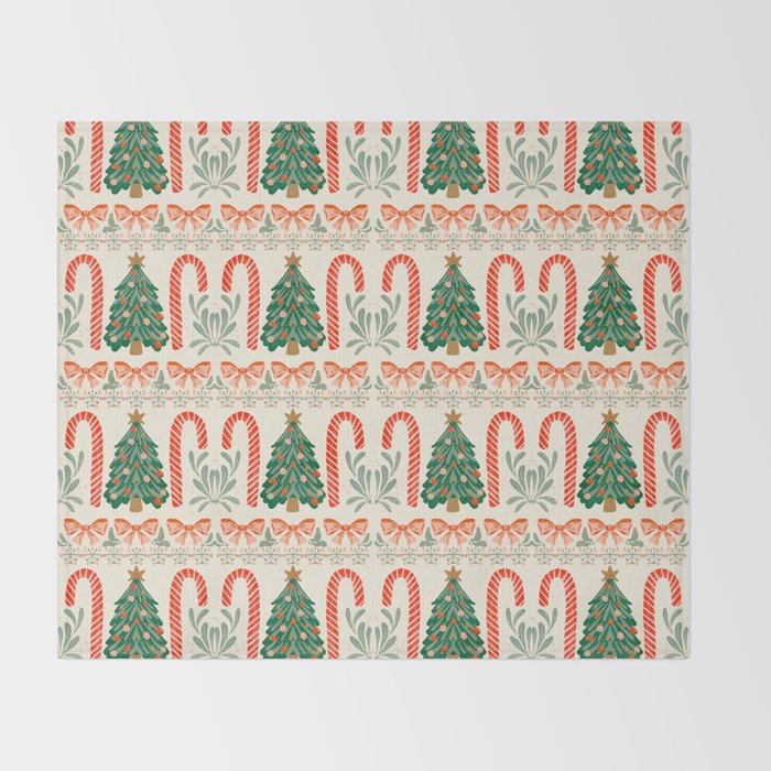 Festive Christmas Elements  Candy Cane  Tree and Bows Holiday Design Throw Blanket Gallery Image 2