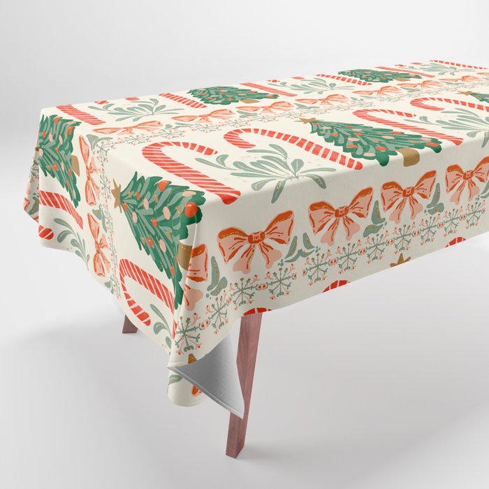 Festive Christmas Elements  Candy Cane  Tree and Bows Holiday Design Tablecloth Gallery Image 1
