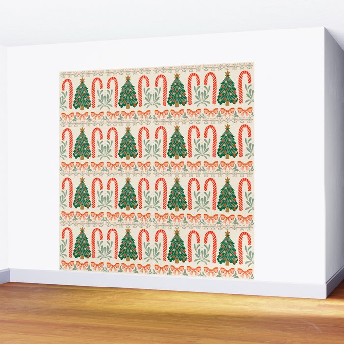 Festive Christmas Elements  Candy Cane  Tree and Bows Holiday Design Wall Mural Gallery Image 2