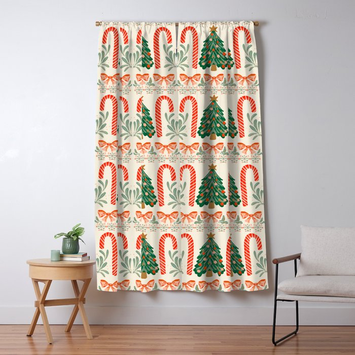 Festive Christmas Elements  Candy Cane  Tree and Bows Holiday Design Window Curtain Gallery Image 1