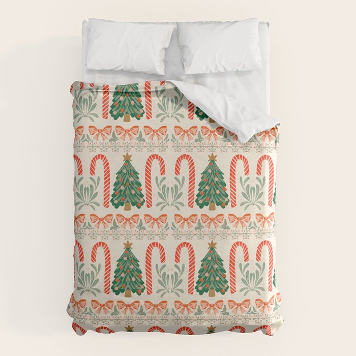 Festive Christmas Elements  Candy Cane  Tree and Bows Holiday Design Duvet Cover Gallery Image 1
