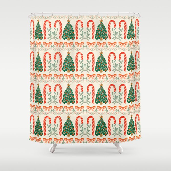 Festive Christmas Elements  Candy Cane  Tree and Bows Holiday Design Shower Curtain Gallery Image 1