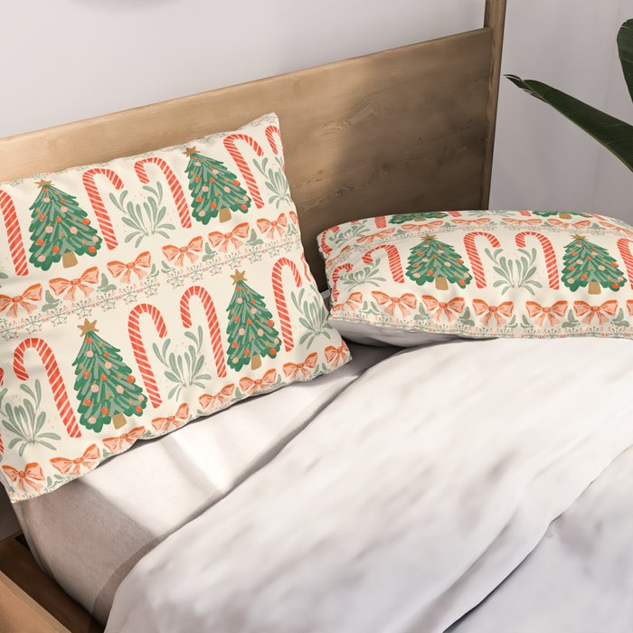 Festive Christmas Elements  Candy Cane  Tree and Bows Holiday Design Pillow Sham Gallery Image 2