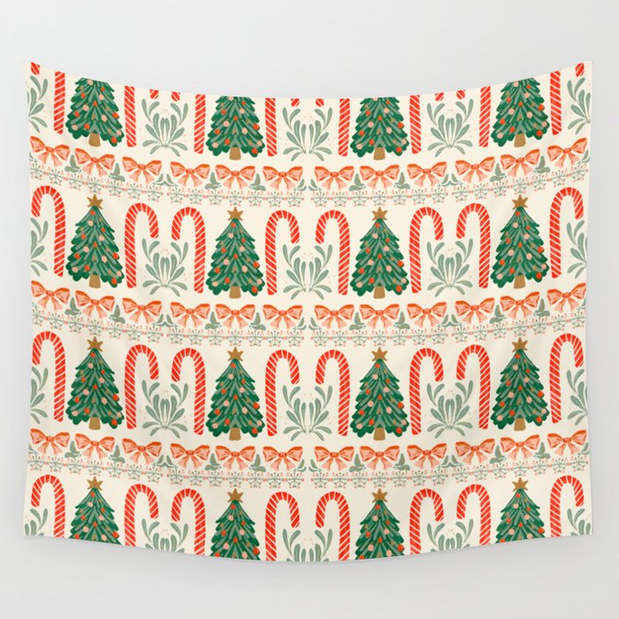 Festive Christmas Elements  Candy Cane  Tree and Bows Holiday Design Wall Tapestry Gallery Image 4