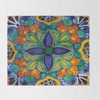 Maximalist leaves mexican flowers talavera pottery blue azulejo tile Throw Blanket Gallery Image 2