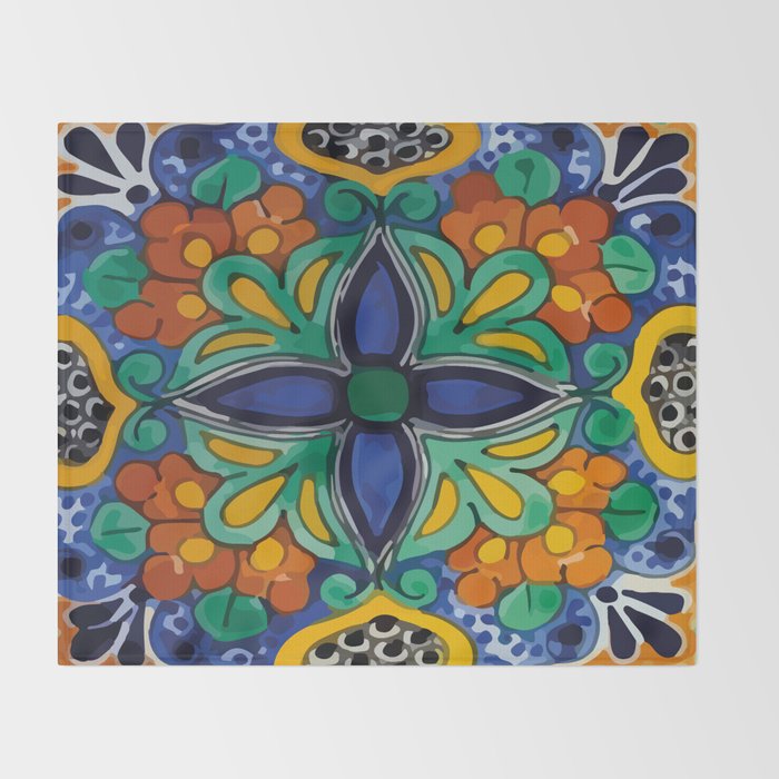 Maximalist leaves mexican flowers talavera pottery blue azulejo tile Throw Blanket Gallery Image 2
