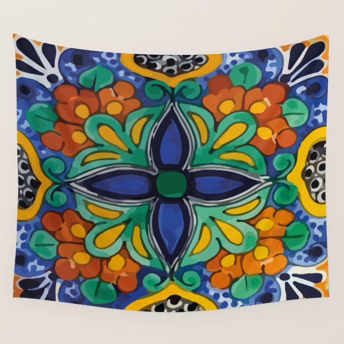 Maximalist leaves mexican flowers talavera pottery blue azulejo tile Wall Tapestry Gallery Image 1