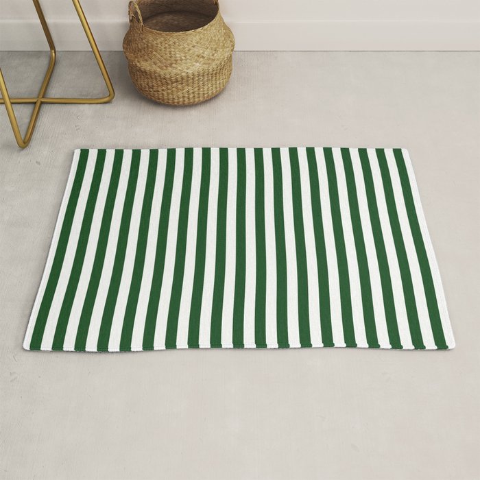 Original Forest Green and White Rustic Vertical Tent Stripes Rug Gallery Image 1
