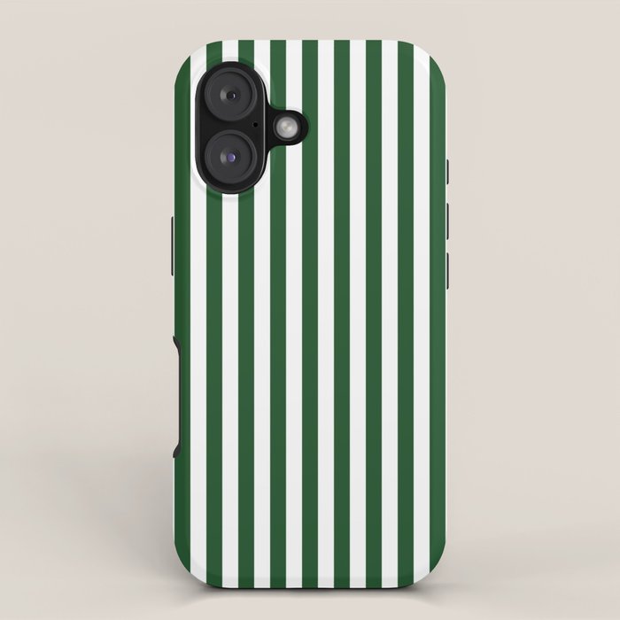 Original Forest Green and White Rustic Vertical Tent Stripes iPhone Case Gallery Image 1