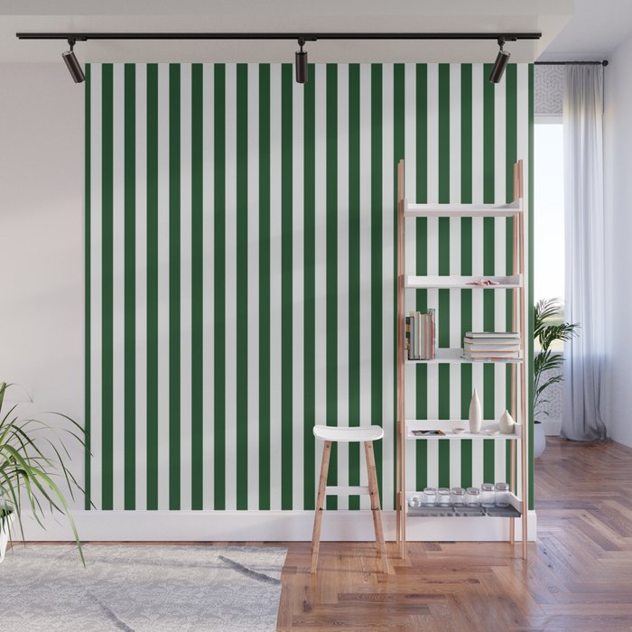 Original Forest Green and White Rustic Vertical Tent Stripes Wall Mural Gallery Image 1