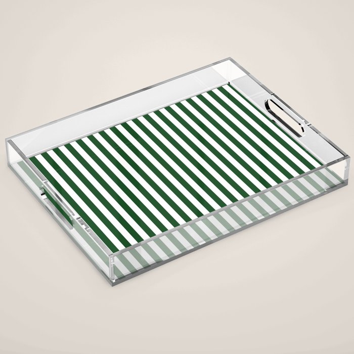 Original Forest Green and White Rustic Vertical Tent Stripes Acrylic Tray Gallery Image 1