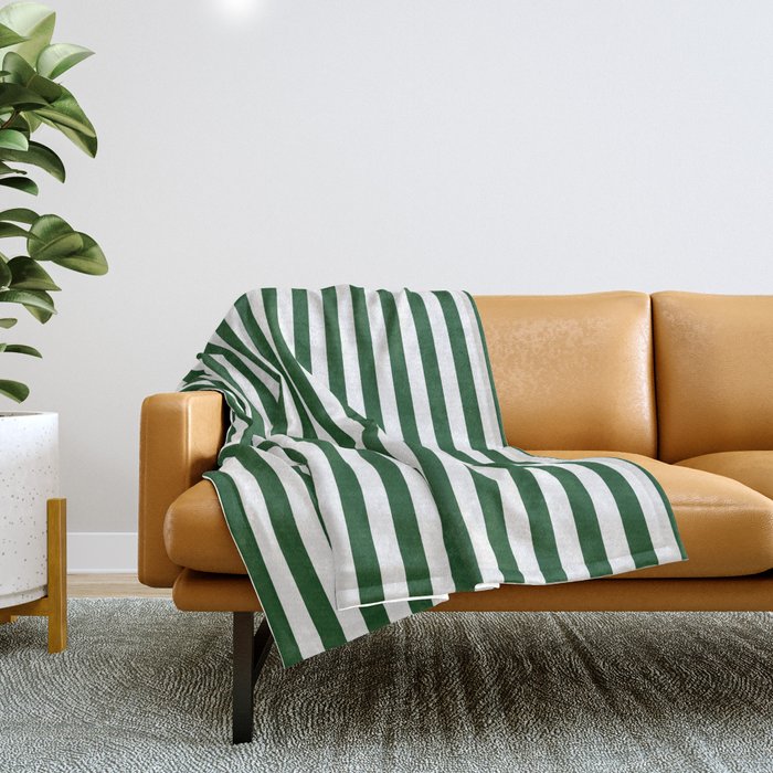 Original Forest Green and White Rustic Vertical Tent Stripes Throw Blanket Gallery Image 1