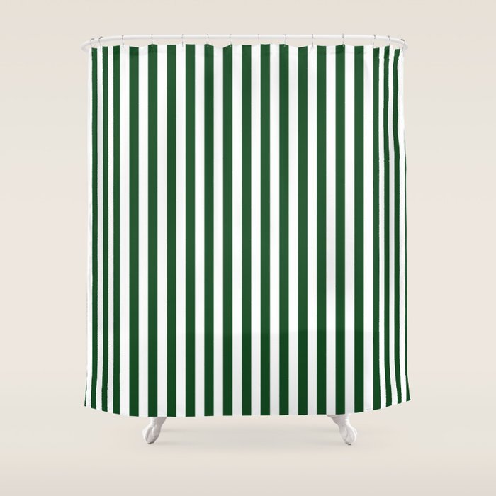Original Forest Green and White Rustic Vertical Tent Stripes Shower Curtain Gallery Image 1