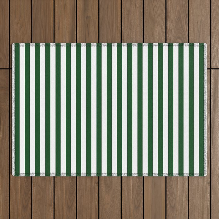 Original Forest Green and White Rustic Vertical Tent Stripes Outdoor Rug Gallery Image 1