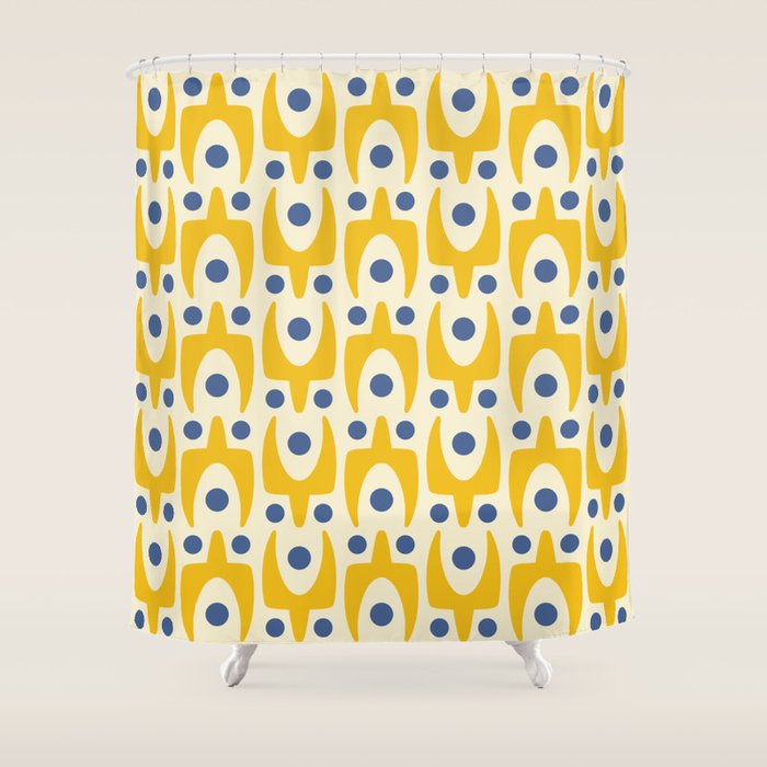 Mid Century Modern Abstract Pattern 641 Googie Yellow and Blue Shower Curtain Gallery Image 1