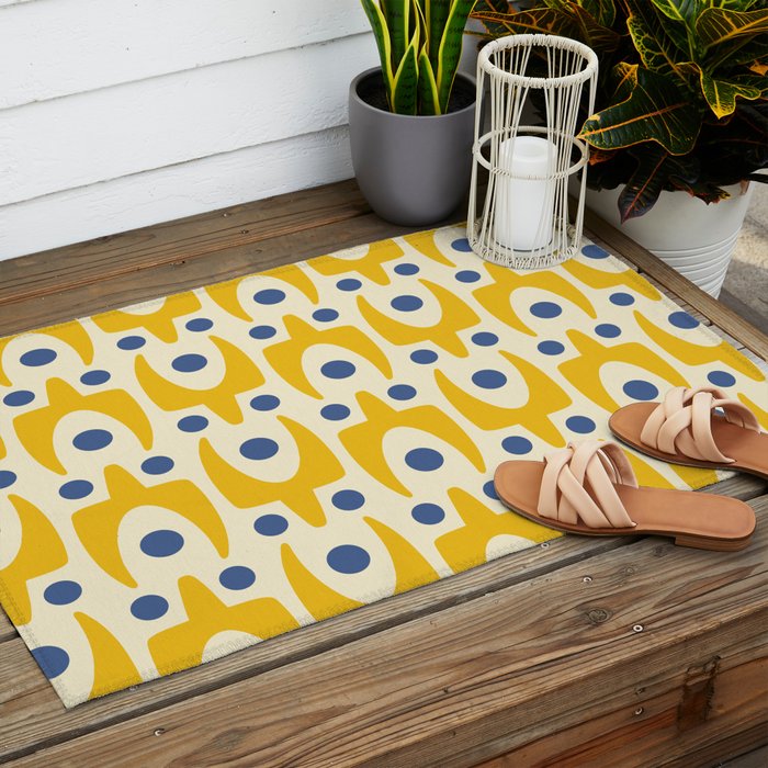 Mid Century Modern Abstract Pattern 641 Googie Yellow and Blue Outdoor Rug Gallery Image 2