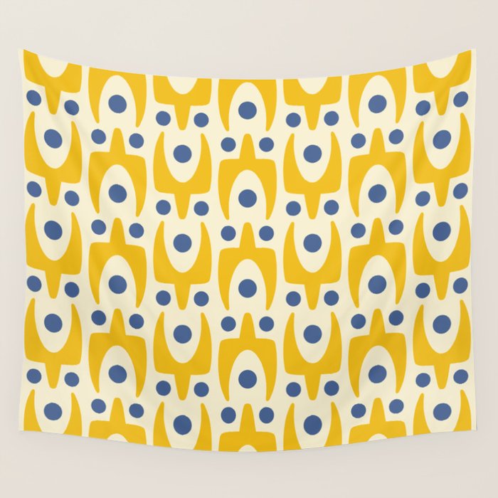Mid Century Modern Abstract Pattern 641 Googie Yellow and Blue Wall Tapestry Gallery Image 4