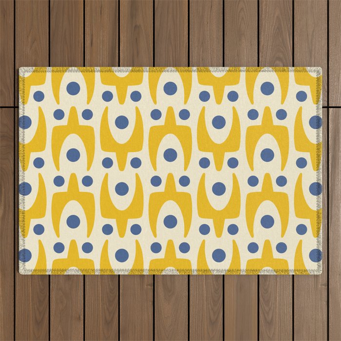 Mid Century Modern Abstract Pattern 641 Googie Yellow and Blue Outdoor Rug Gallery Image 1