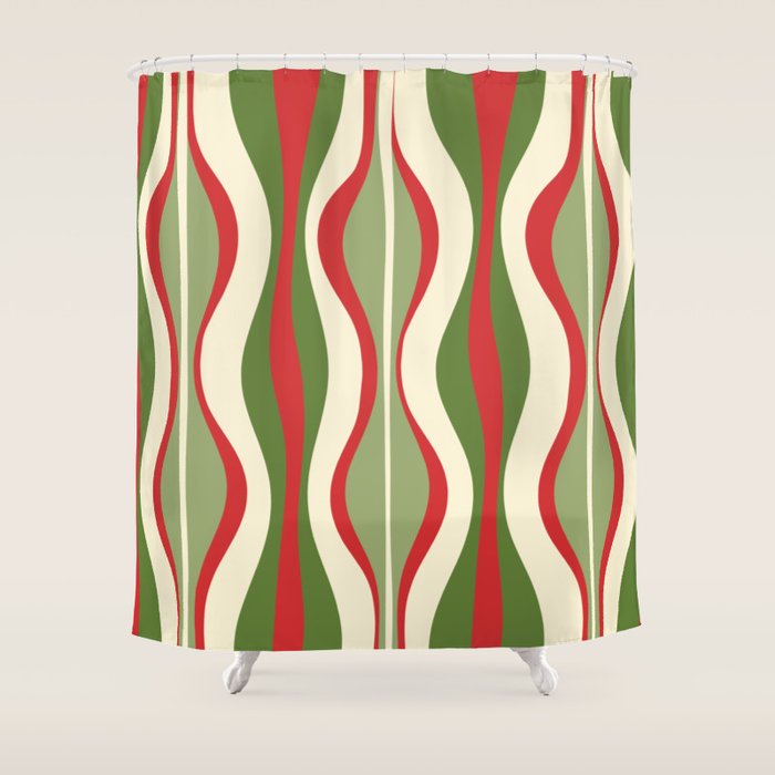 Mod Christmas - Retro Hourglass Abstract Pattern in Green, Red, and Cream  Shower Curtain Gallery Image 1