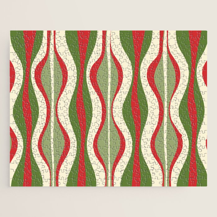 Mod Christmas - Retro Hourglass Abstract Pattern in Green, Red, and Cream  Jigsaw Puzzle Gallery Image 1