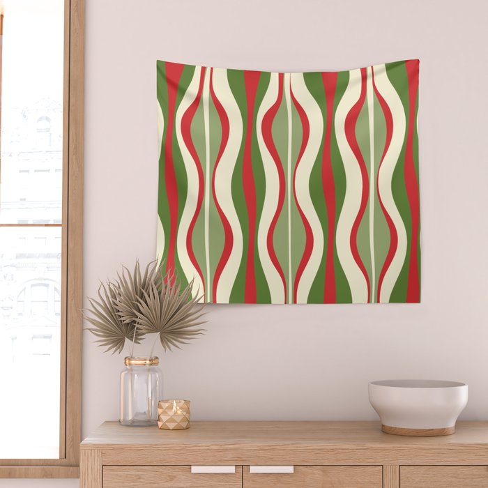 Mod Christmas - Retro Hourglass Abstract Pattern in Green, Red, and Cream  Wall Tapestry Gallery Image 2