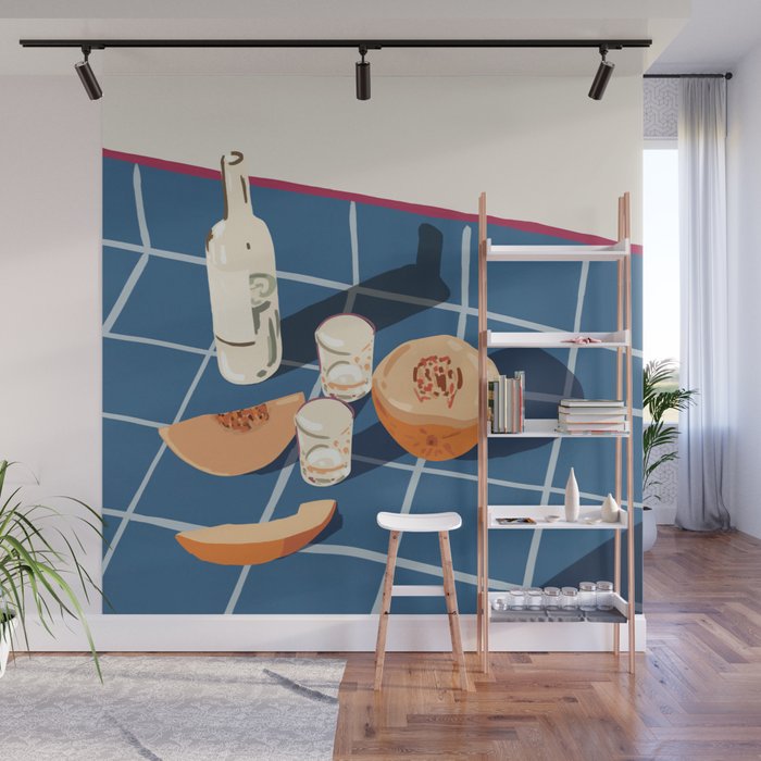 Melon Vodka Shots, Weekend Alcohol Party Fruits Beverages, Papaya Chill Pastel Eclectic Afternoon, Slow Living Honeydew Indigo Tiles Bohemian Painting Wall Mural Gallery Image 1