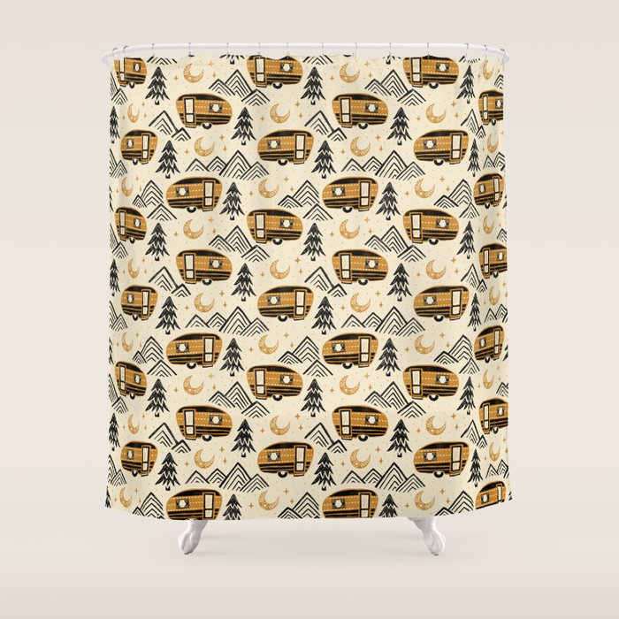 Little Camper - Cream, black, and gold Shower Curtain Gallery Image 1
