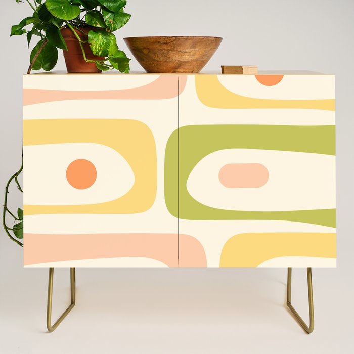 Mid-Century Modern Piquet Retro Minimalist Abstract Pattern Light Green Blush Orange Mustard Cream Credenza Gallery Image 1
