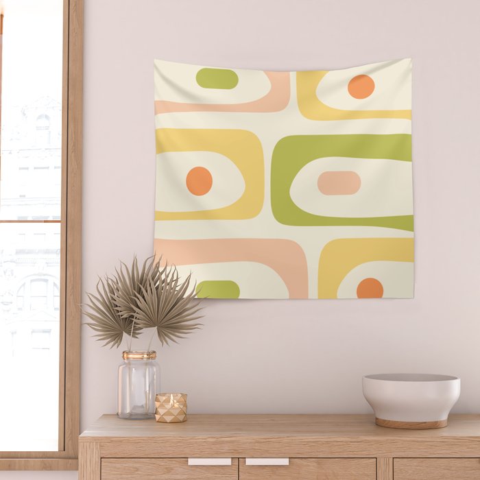Mid-Century Modern Piquet Retro Minimalist Abstract Pattern Light Green Blush Orange Mustard Cream Wall Tapestry Gallery Image 2
