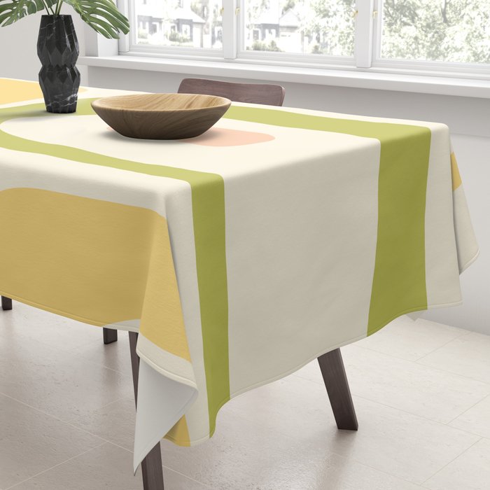 Mid-Century Modern Piquet Retro Minimalist Abstract Pattern Light Green Blush Orange Mustard Cream Tablecloth Gallery Image 3