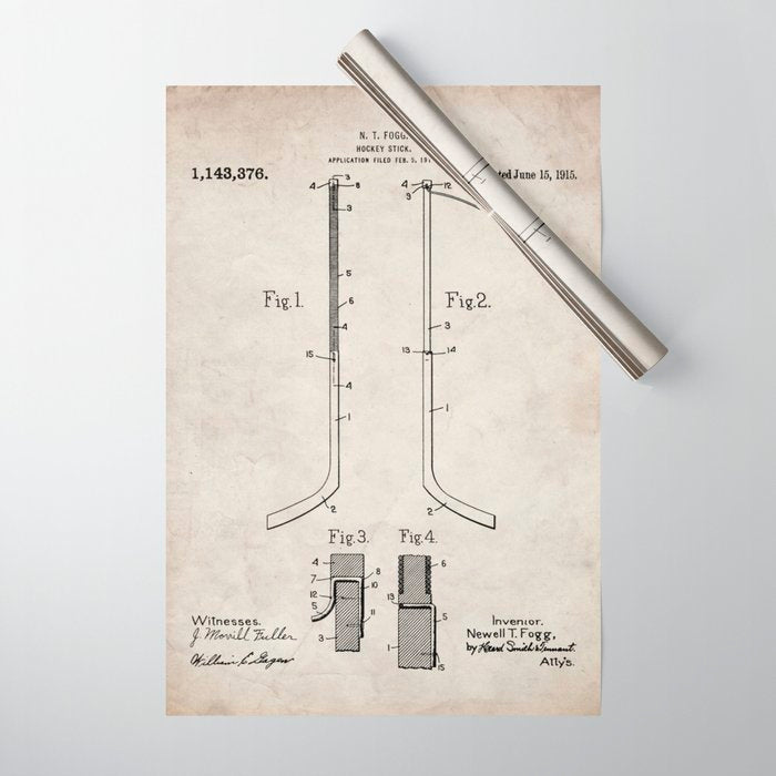 Ice Hockey Stick Patent - Ice Hockey Art - Antique Wrapping Paper Gallery Image 1