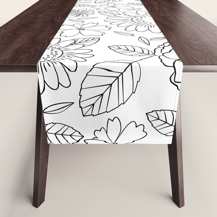 Black and white hand drawn flower art pattern Table Runner Gallery Image 1