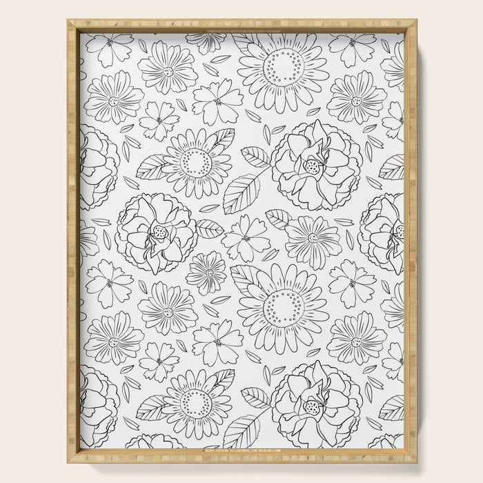 Black and white hand drawn flower art pattern Serving Tray Gallery Image 1