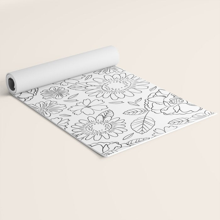 Black and white hand drawn flower art pattern Yoga Mat Gallery Image 2