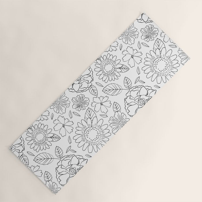 Black and white hand drawn flower art pattern Yoga Mat Gallery Image 1