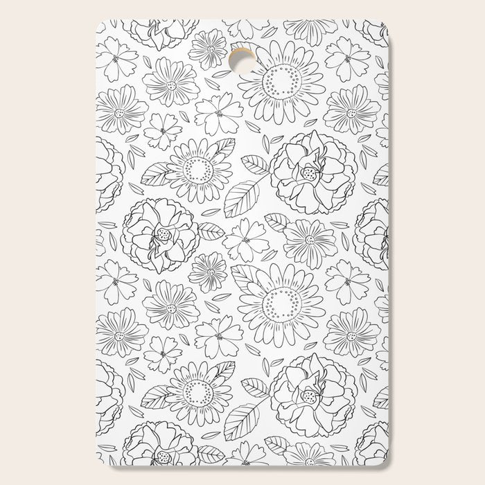 Black and white hand drawn flower art pattern Cutting Board Gallery Image 1