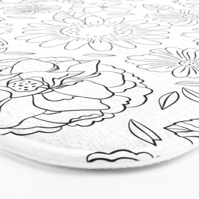 Black and white hand drawn flower art pattern Bath Mat Gallery Image 3