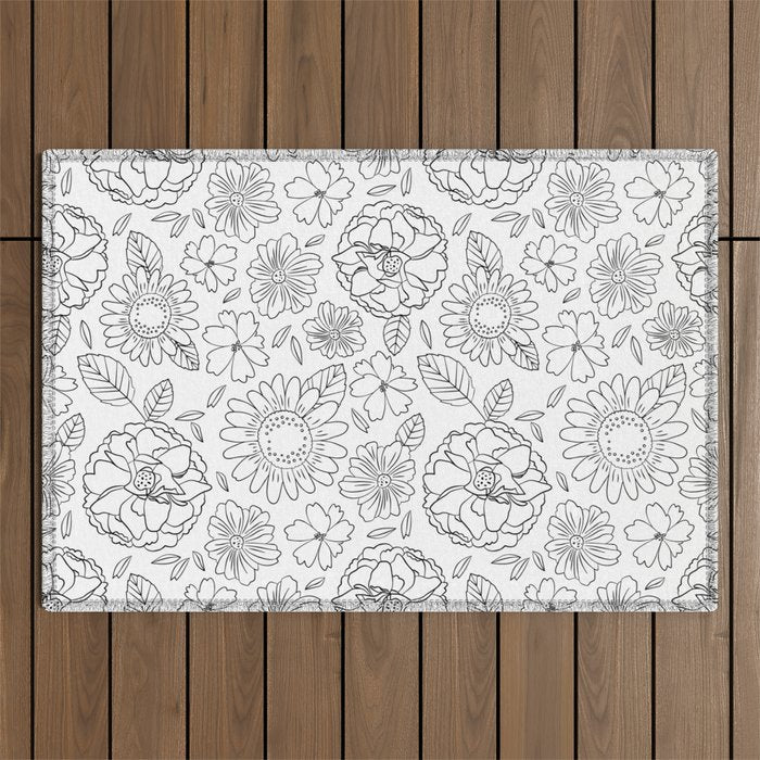 Black and white hand drawn flower art pattern Outdoor Rug Gallery Image 1