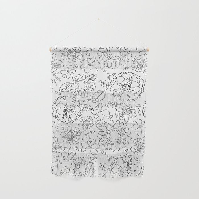 Black and white hand drawn flower art pattern Wall Hanging Gallery Image 1
