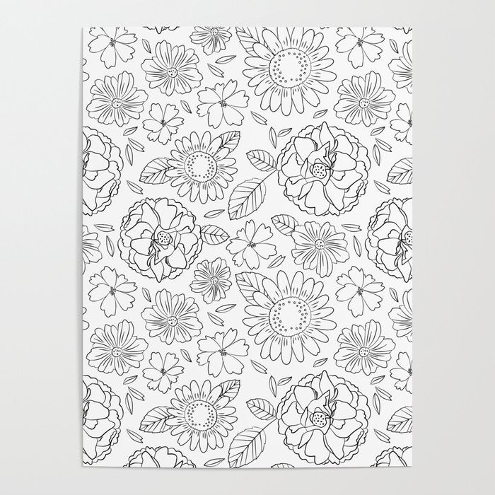 Black and white hand drawn flower art pattern Poster Gallery Image 1