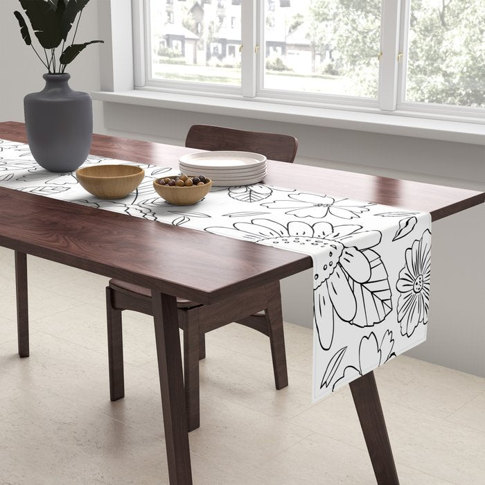 Black and white hand drawn flower art pattern Table Runner Gallery Image 2