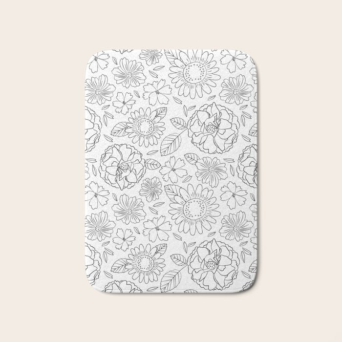 Black and white hand drawn flower art pattern Bath Mat Gallery Image 1